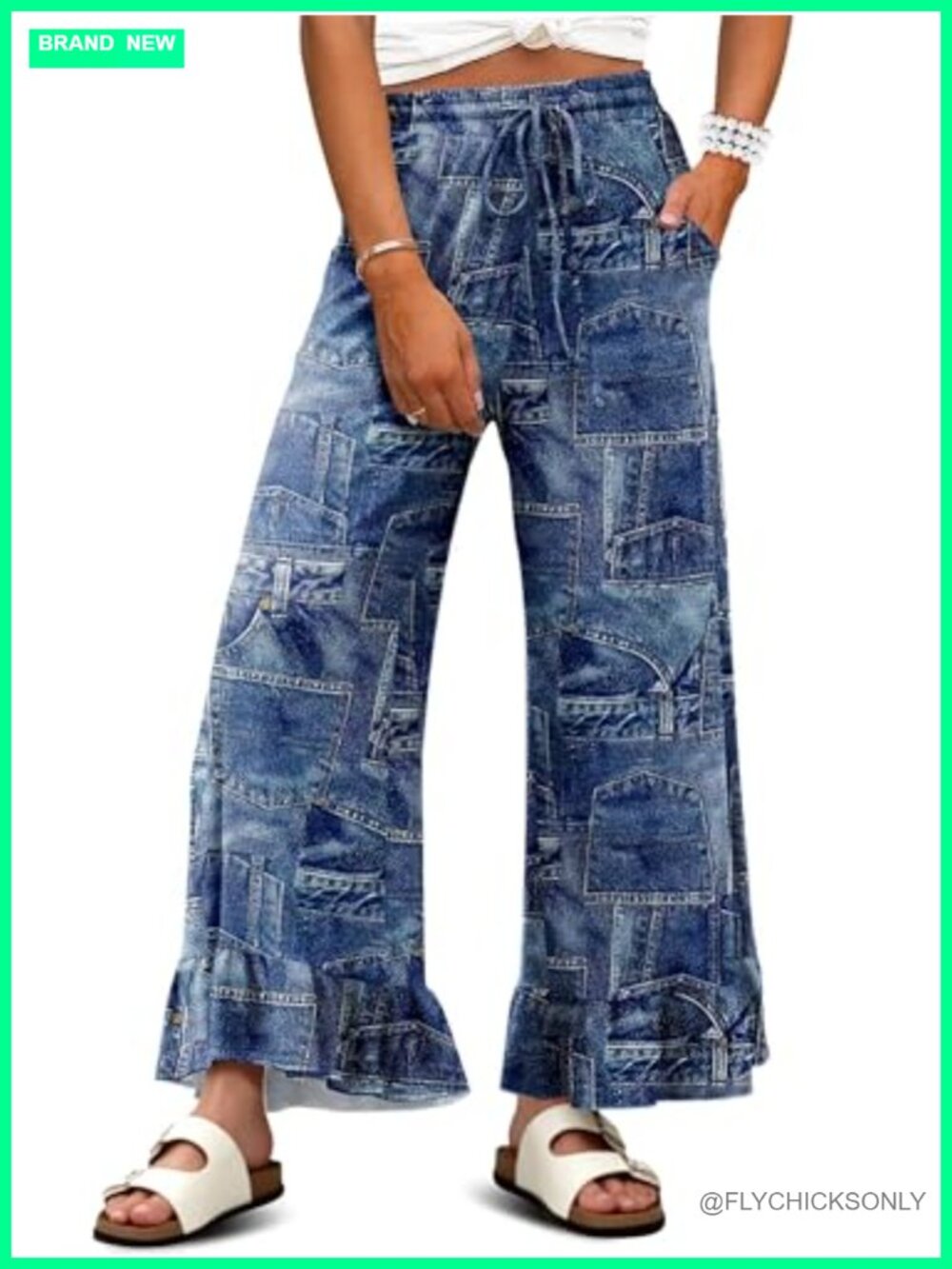 Womens Palazzo Lounge Pants Drawstring High Waist Ruffle Hem Wide Leg Pockets